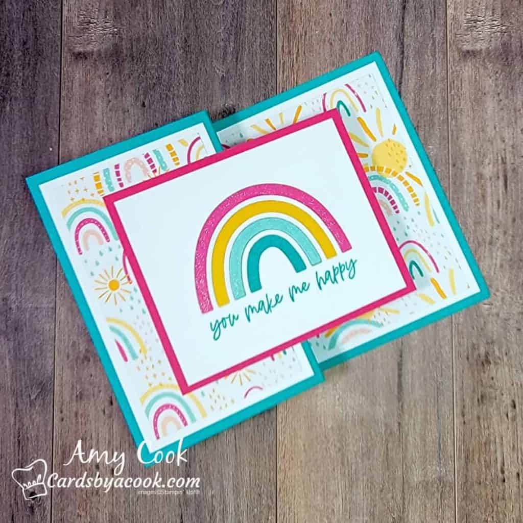 Fun and cheery card with Rainbow of Happiness stamp set.  Z fold card is easy to create with full measurements below